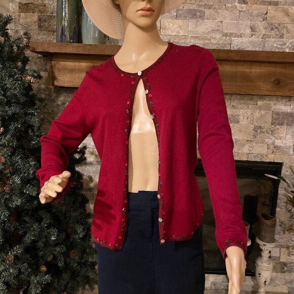 SUSAN BRISTOL Women's Vintage Sweater Cardigan Embellished RED Silk/Wool Sz S - Picture 1 of 8